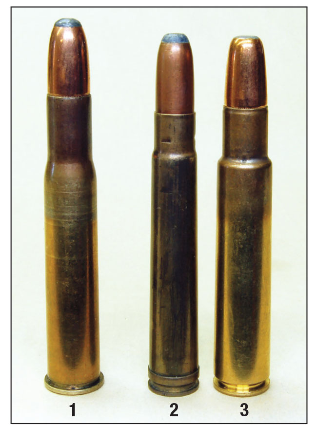 The (1) .450/.400 3-inch and its magazine rifle competition, the (2) .375 H&H and the (3) .416 Rigby.